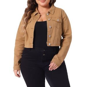 Plus Size Button Closed Cropped Stitching Denim Jackets Brown